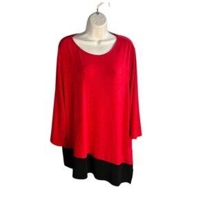 Chicos Travelers Red Black Asym Colorblock Tunic 3/4 Sleeve Top 4 US 20/22 NEW